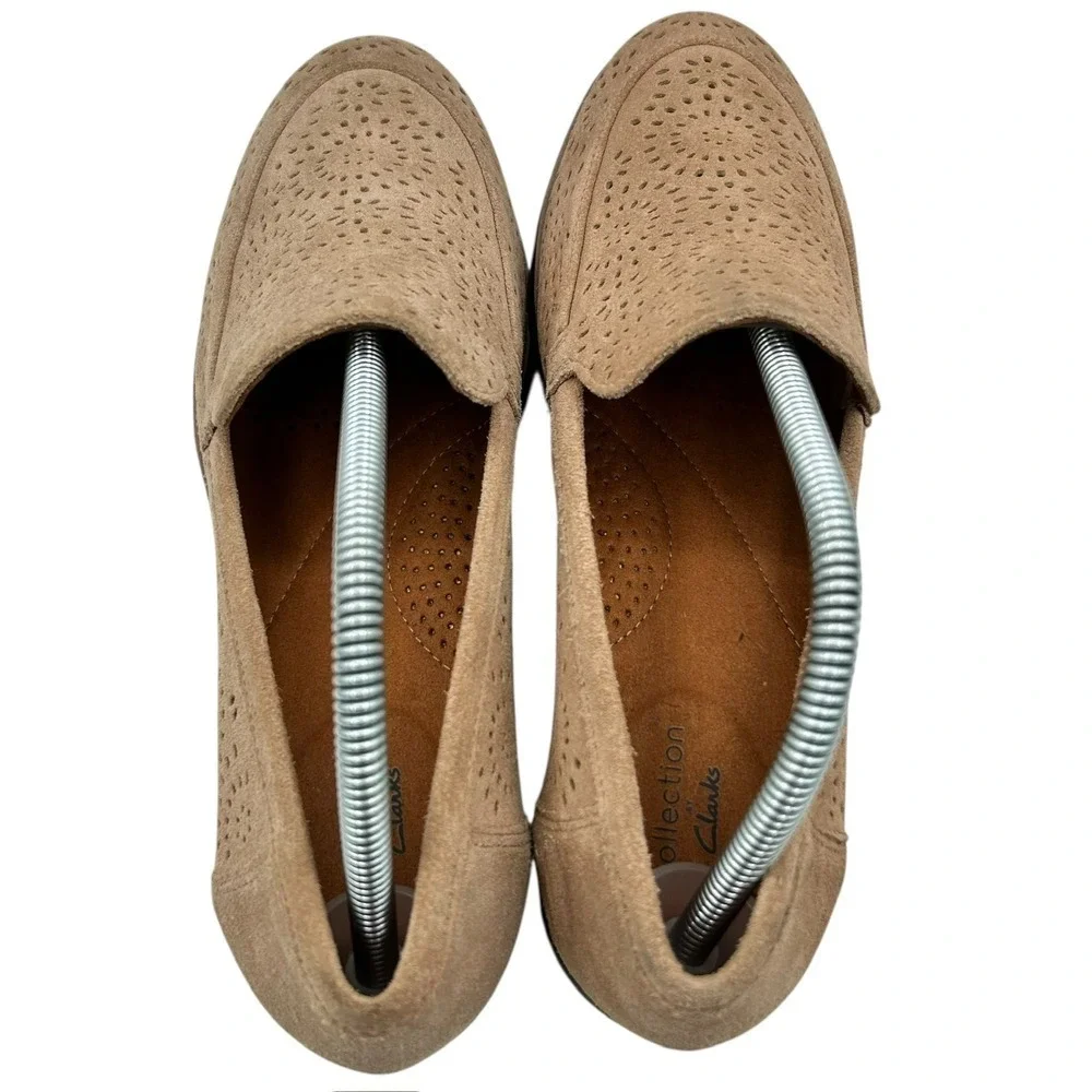 Clarks Women's Sand Trish Calla Perforated Suede Loafers Shoes Size 10 M
